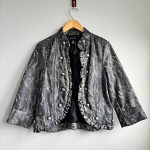 New Directions Black Faux Leather Jacket Snakeskin 3/4 Sleeves Military Style M
